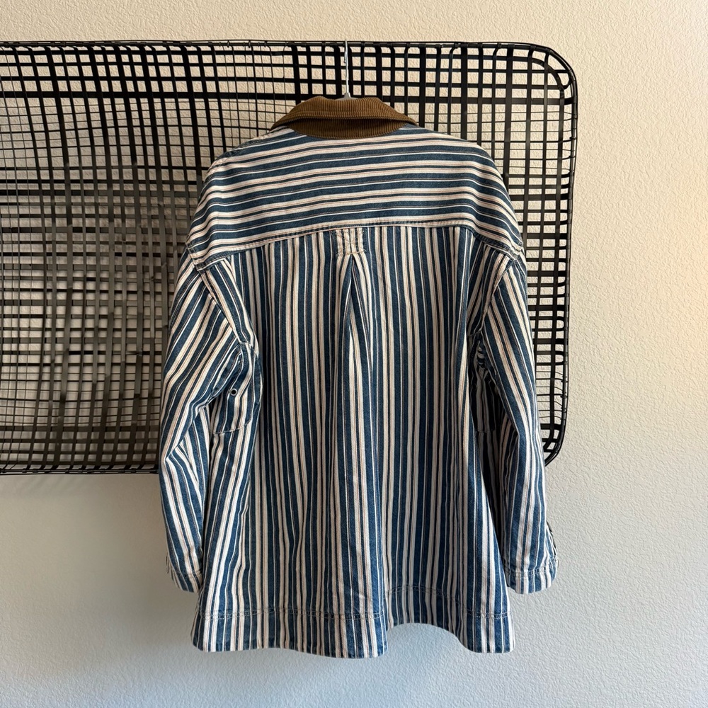 Free People Blue and White Striped Jean Jacket with Brown Corduroy Collar - Picture 7 of 8